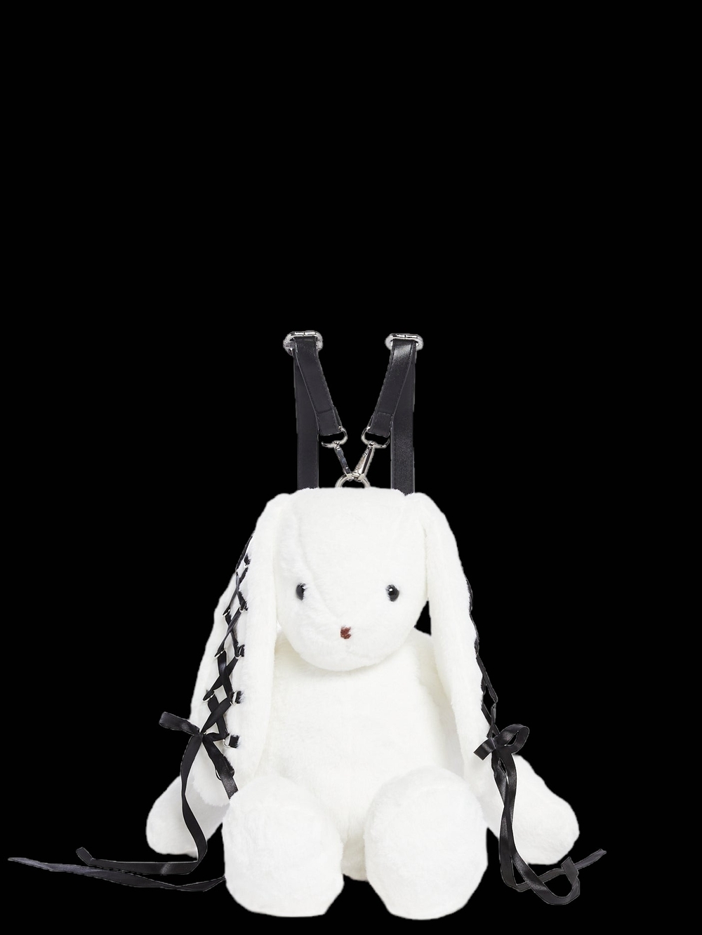 Dolls Kill White Plush Bunny Backpack with Black Ribbon Lacing